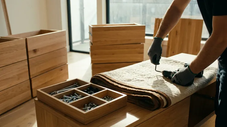 Hardware sorted in a tray while assembling an oak dresser