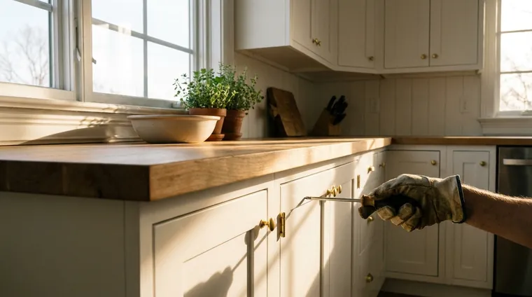 A gloved hand adjusting a white kitchen cabinet hinge