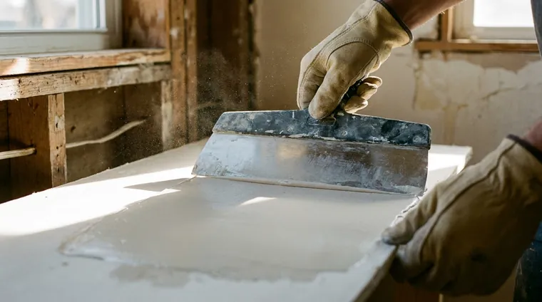 A putty knife smoothing joint compound over a drywall patch