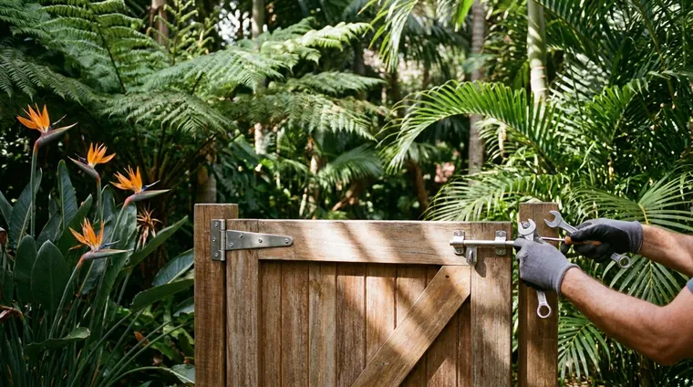 A freshly repaired wooden garden gate in a tropical garden
