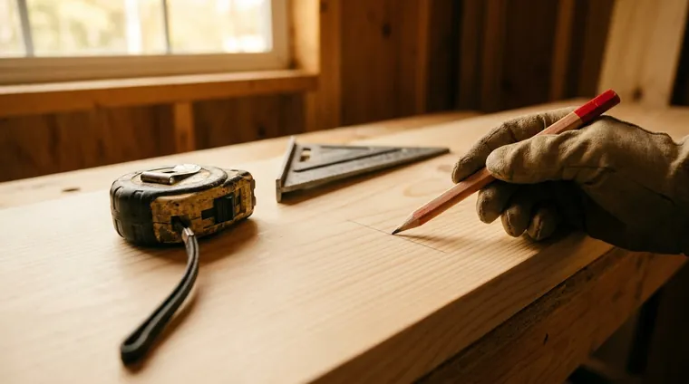 A tape measure, pencil and square on a pine board with a precise pencil mark