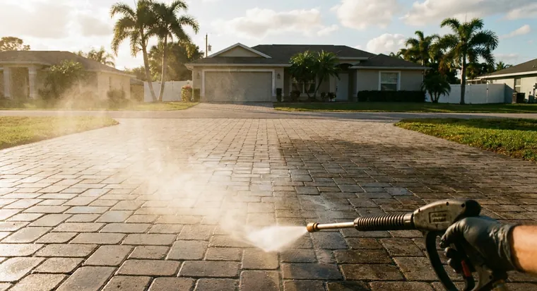 Pressure washing a paver driveway in golden light