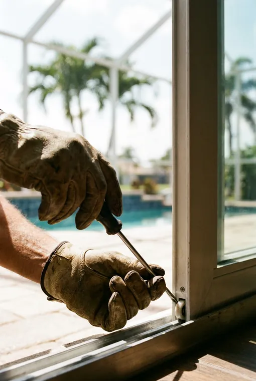 A gloved hand adjusting a sliding glass door roller beside a sunny lanai