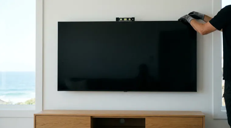 A TV mounted level above a low oak console in a bright living room